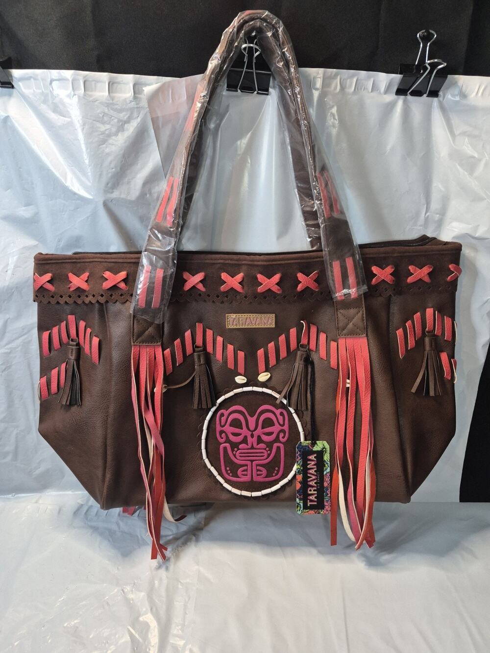 Taravana Pink & Brown Western Tote Handbag Fringe Tassel Zip Top Lined Purse